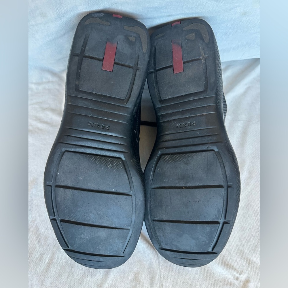 Prada America’s cup Men's Black Leather & Mesh Sneakers with Red Stripe - Picture 9 of 16